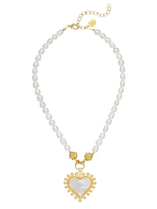 Susan Shaw Jewelry - Gold Heart Pendant Pearl Necklace in White and Gold